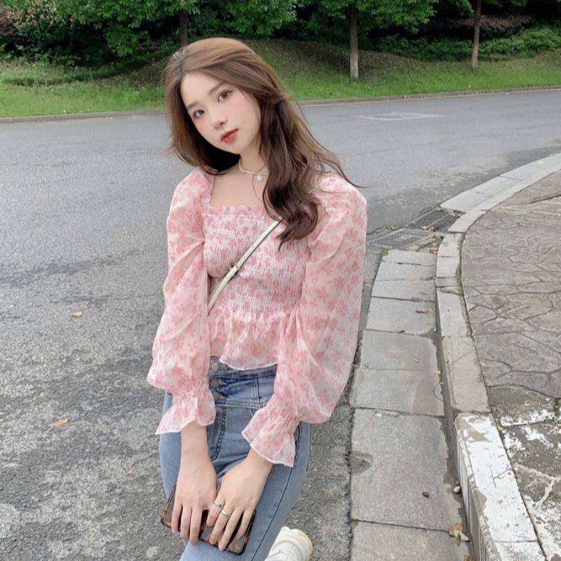 Summer Pretty Women Pink Floral Printed Breathable Chiffon Long Puff Sleeves Short Crop Top Blouse