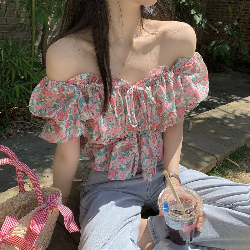 Summer Pretty Women Pink Floral Printed Off Shoulder Drawstring Bow Neck Short Puff Sleeves Short Crop Top Blouse
