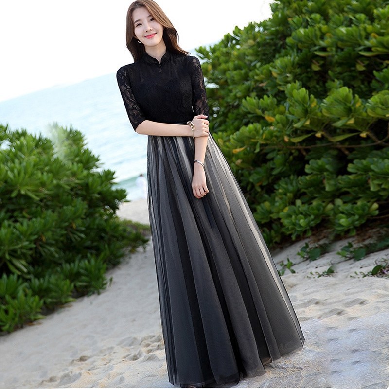 Sparkly Summer Elegant Women Retro Stand Collar Lace Half Length Sleeve Black Long Banquet Evening Dress