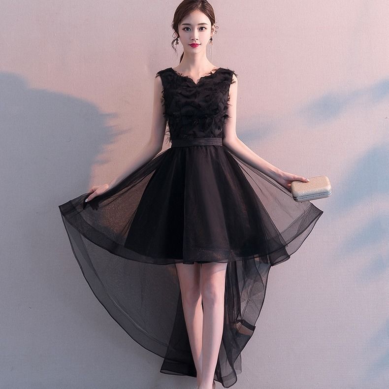 Perfect Look Temperament Women Gothic Goth Black V Neck Sleeveless Irregular Length Hem Party Dresses Prom Dress