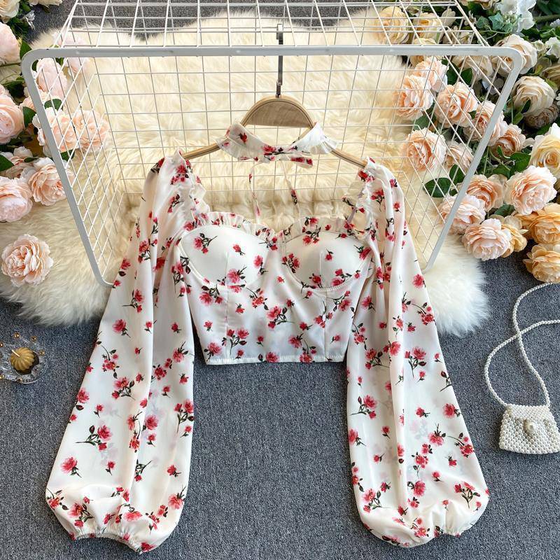 Lovely Sexy Women Blouse White Square Neck Floral Printed Puff Long Sleeves Front Drawstring Crop Top