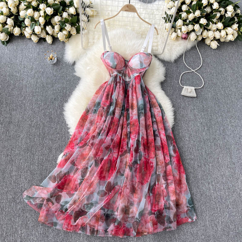 Summer Holiday Sexy Women Floral Printed Corset Shoulder Strap Waist Mid Length Multi-layer Big Hem Mesh Dress