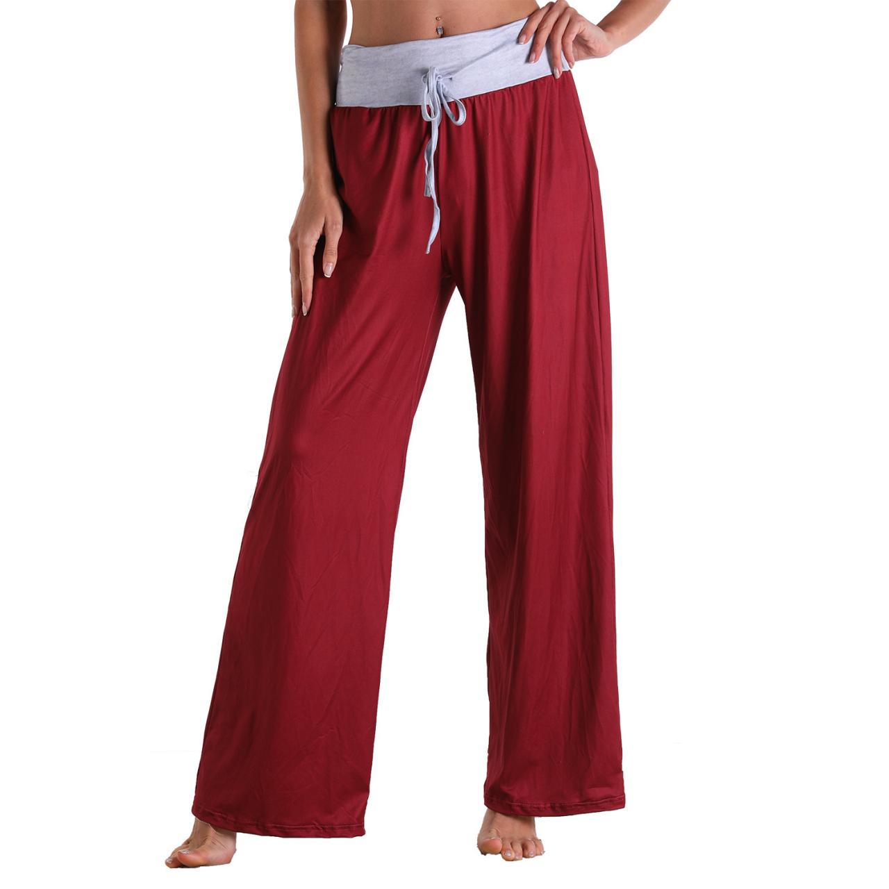 Leisure Sports Workout Gym Fitness Women Elastic Drawstring Sweatpants Trousers Loose Fit Strap Red Solid Color Pants