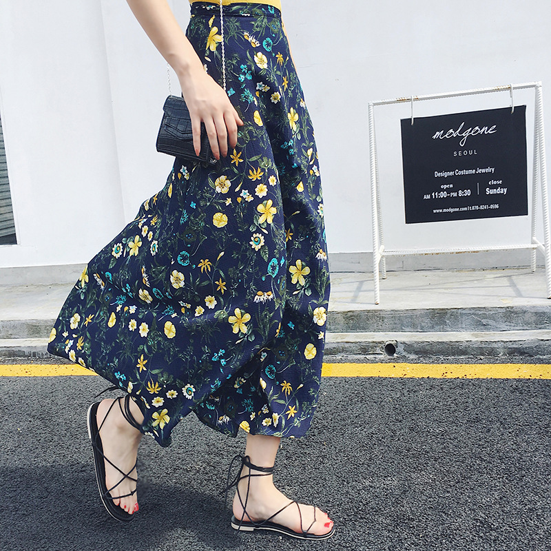 Summer Holiday Charming Women Bohemian Floral Daisy Printed Chiffon Mid Length Wrap One Piece Side Slit Skirt