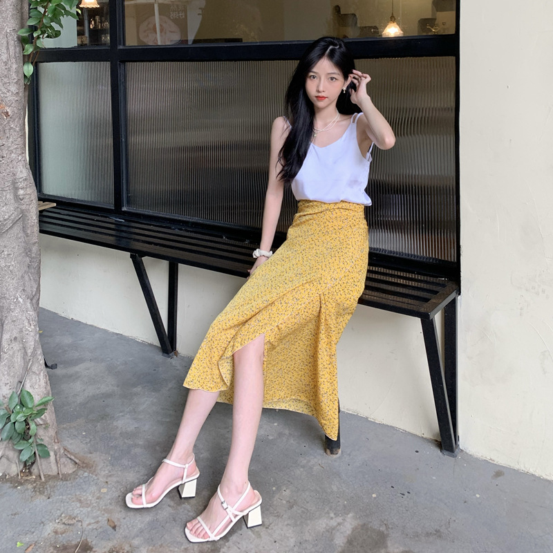Summer Holiday Sunscreen Beach Charming Women Chiffon Yellow Printed Lace Up One Piece Wrap Side Slit Skirt