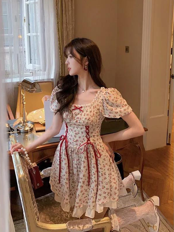 Fairy Summer Sweet Women Floral Printed Puff Sleeve Lace Square Neck High Waist Bow Stitching Lotus Leaf Dress