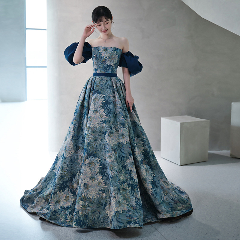 Worldsupplier Temperament Princess Blue Tube Top Strapless Puffy Sleeve Backless Sash Sweep Party Evening A Line Prom Dress