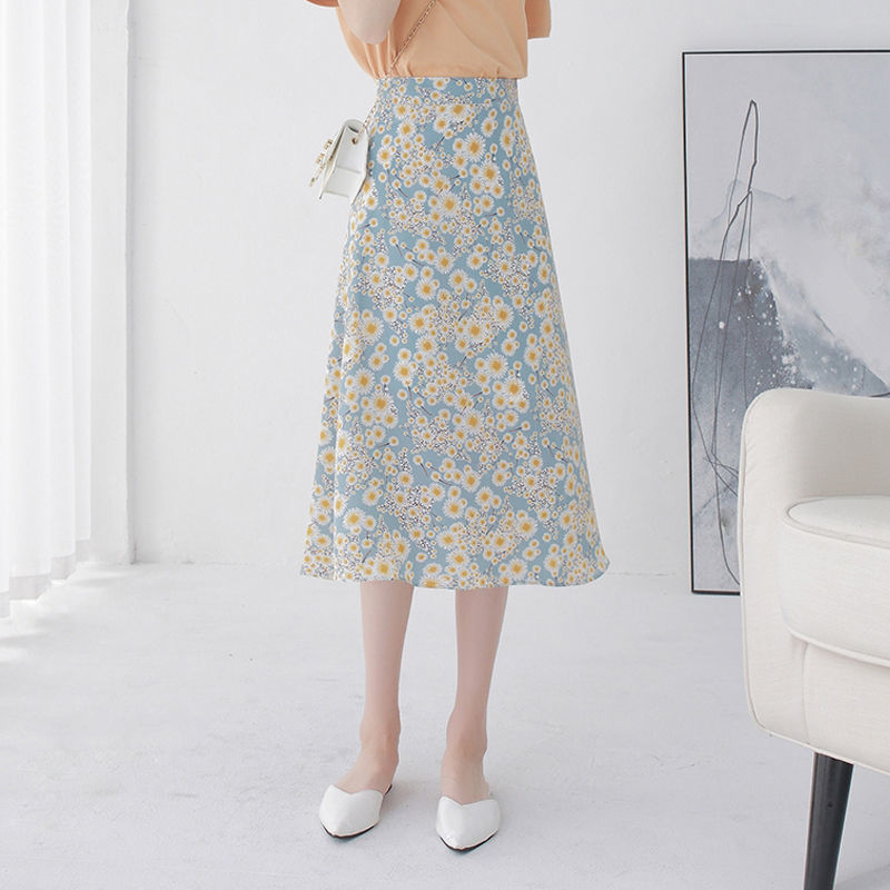Summer Pretty Women Beautiful Daisy Flower Floral Printed High Waist Chiffon A Line Skirt