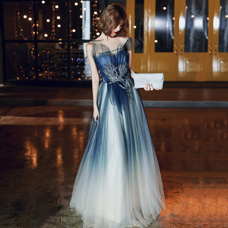 Temperament Women Princess Banquet Sparkle Embroidered Gradient Navy Blue Backless Tube Top High Waist Evening Long Dress