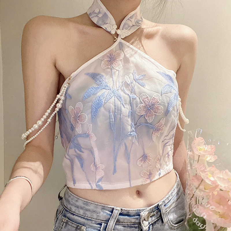 Elegant Sexy Beautiful Women Vintage Floral Print Embroidery Pearl Chain Buckle Halter Neck Collar Tank Top