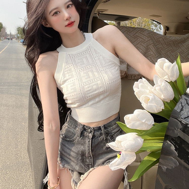 Retro Temperament Summer Women Solid Color Halter Neck Knitted Hollow Sleeveless Texture Vest Top