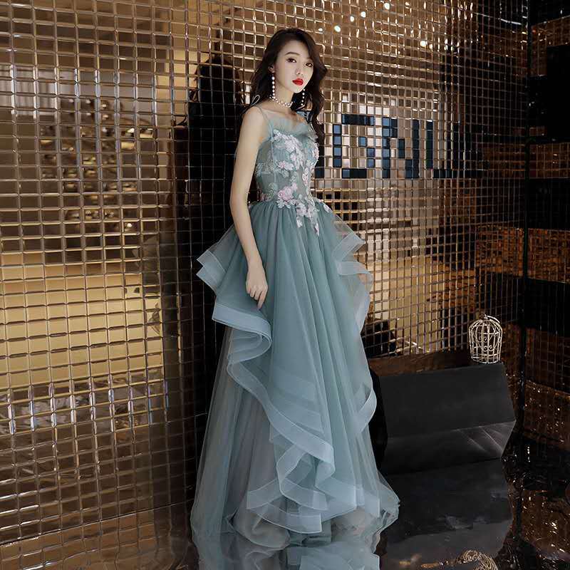 Luxury Attractive Women Modern Jade Green Spaghetti Straps Floral Pattern Irregular Pleated Evening Long Prom Dress