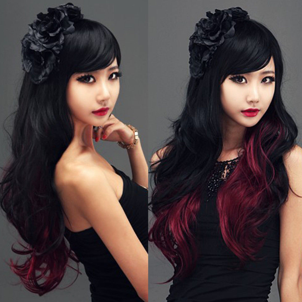 New Long Lolita Black Red Wig Wavy Curly Hair Full Anime Wigs