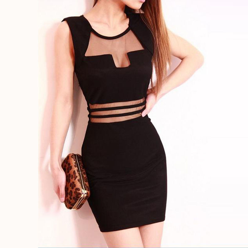 Women Sexy Mesh See-through Low Cut Sleeveless Party Cocktail Party Mini Stretchy Dress