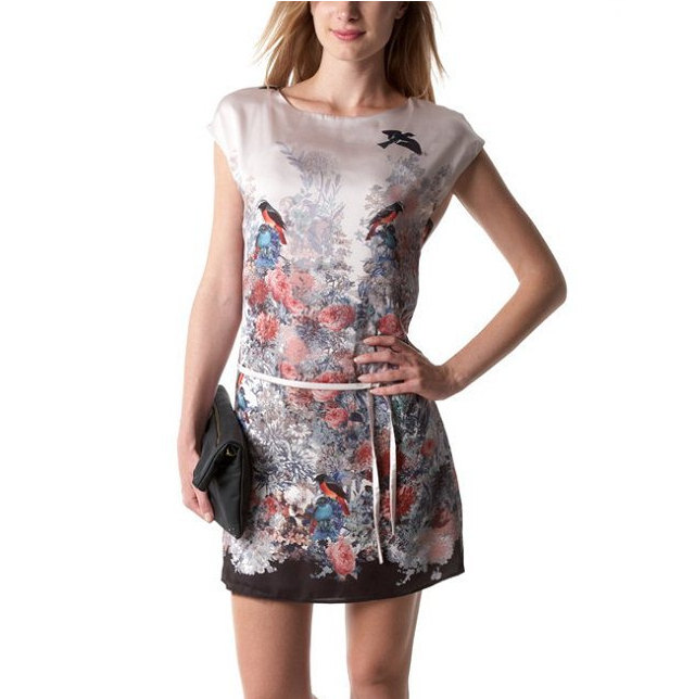 Chic Spring Europe Women Vintage Floral Flying Bird Animal Dress Party Gown