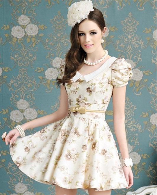 Charmning Fine Quality Women Floral Bowknot Ball Gown Short cap Sleeve Dress