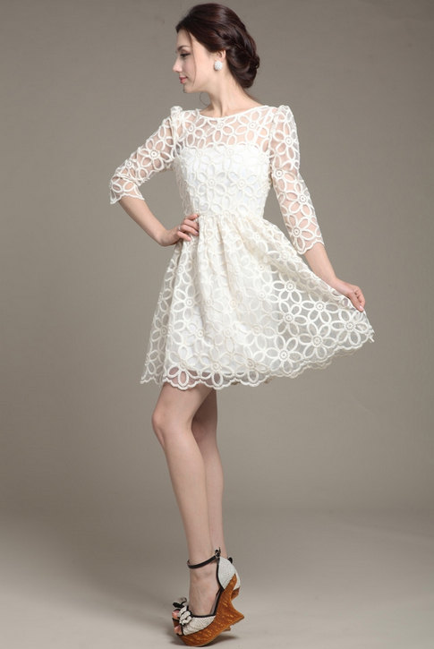 Elegant Women Trendy Lace Sunflower Floral Pattern 3/4 Sleeve Style White Dress