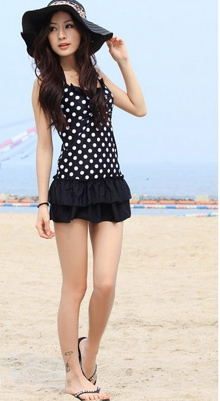 Black Color White Dot Swimsuit Swimwear Beach Cover Up Swimdress Bikini Top Bottom Set