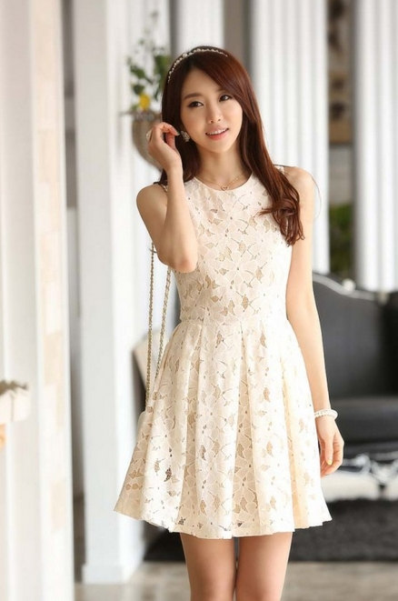 Korean Women Sleeveless Frill Tunic Peplum Lace Floral Embroidery One Piece Shirt Dress