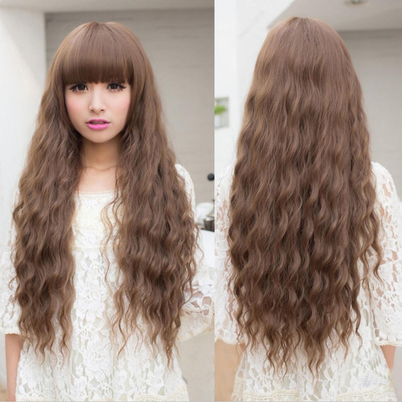 Trendy Fashion Women Lady Long Curly Wavy Hair Full Wigs Cosplay Party Light Brown