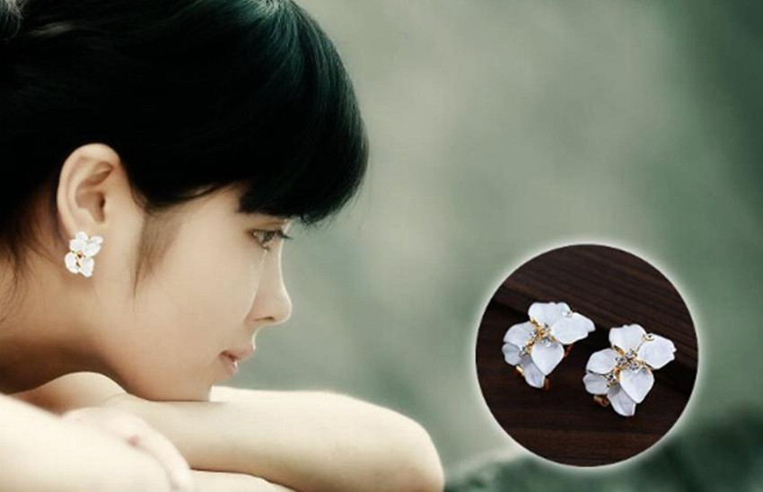 Women Cute Gardenia Flower Crystal Ear Studs Rhinestone Earrings Ear Hoop Buckle