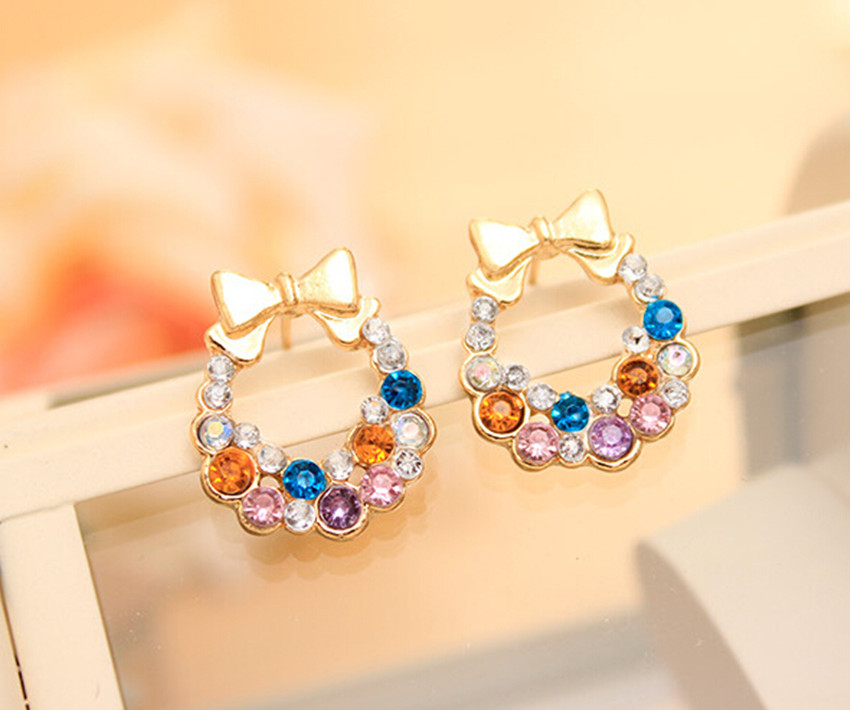 Fashion Jewelry Women Colorful Crystal Rhinestone Gold Bowknot Ear Stud Earring