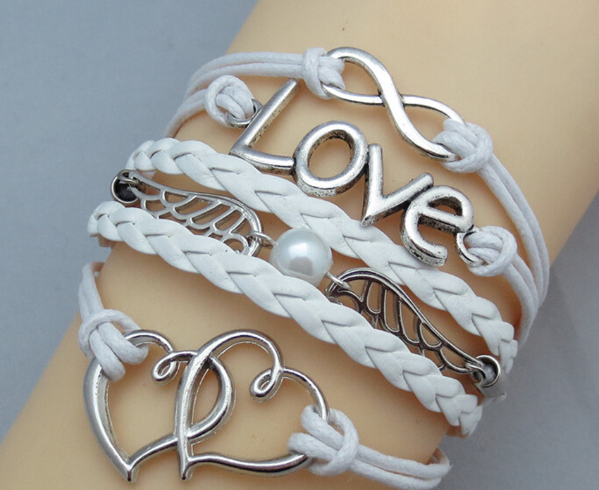 Jewelry Leather Cute Infinity Love Heart Wings Charms Bracelet