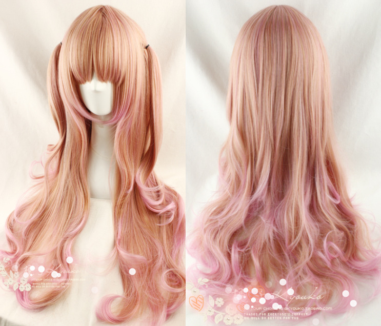 Light Golden Pink Color Mixing Curls Harajuku Lolita Girl Women Wig 70cm Long