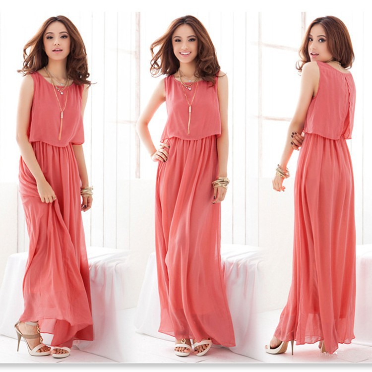 Stylish Women Pink Color Bohemian Style Chiffon Long Dress