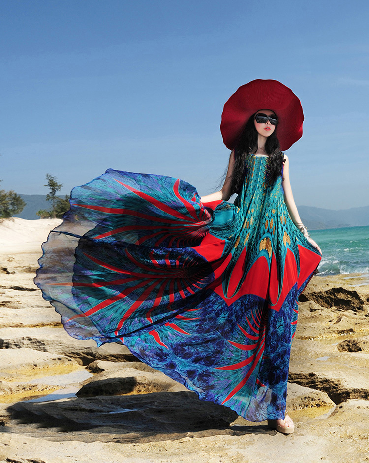 Loose Bohemian Chiffon Dress Women Summer Print Beach Dress Plus Size Maxi Dress