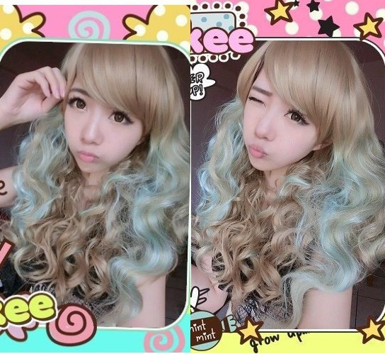 Aqua Fantasy Long Fluffy Hair Streaked Harajuku Style Oblique Bangs Wig