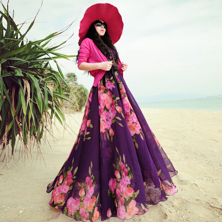 Beautiful Floral Flora Sleeveless Chiffon Skirt Resort Beach V-neck Long Dress