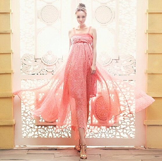 Silk Chiffon Bohemia Maxi Dress Pink Beach Spaghetti Strap Long Dress