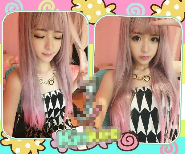 Harajuku Style Wig Streaked Female Two Color Gradient Color Fluffy Long Straight Hair Wig