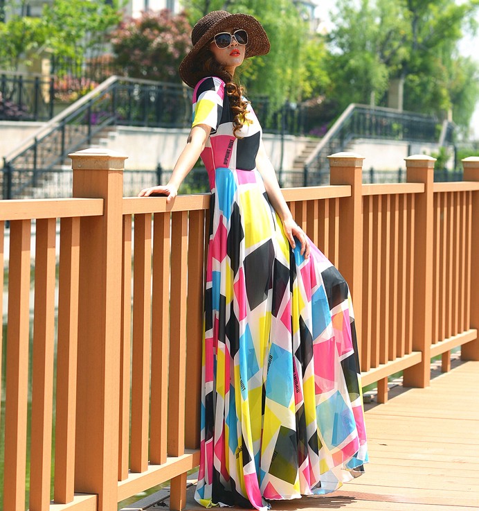 Bohemian Summer Slim Chiffon Color Plaid Square Pattern Resort Beach Skirt