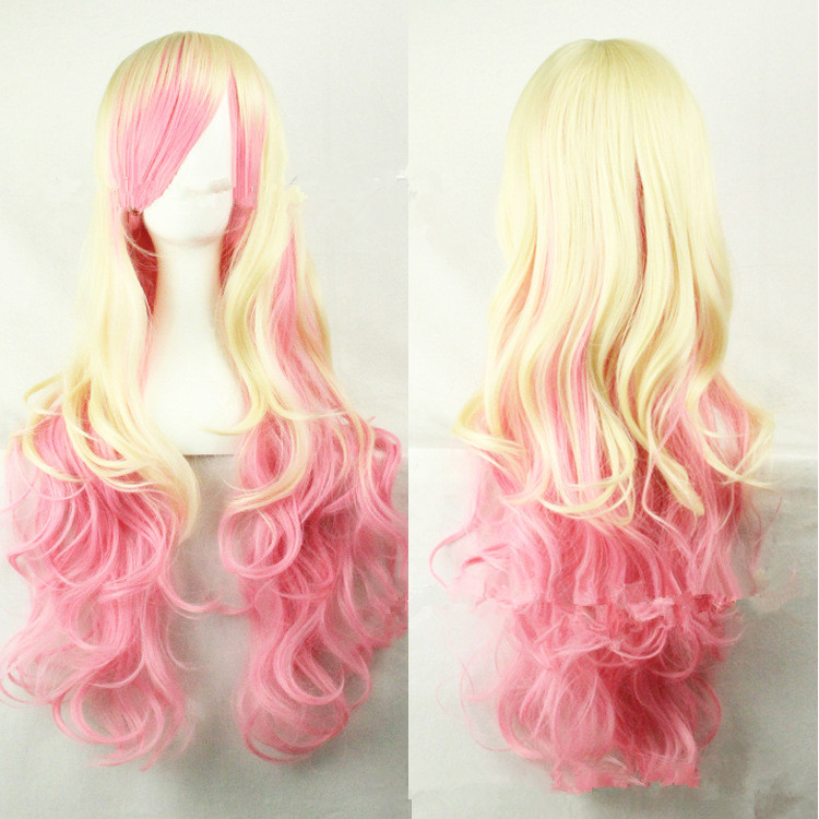 Hot Gold Pink Gradual Color Change Cosplay Cos Cartoon Wig Wigs