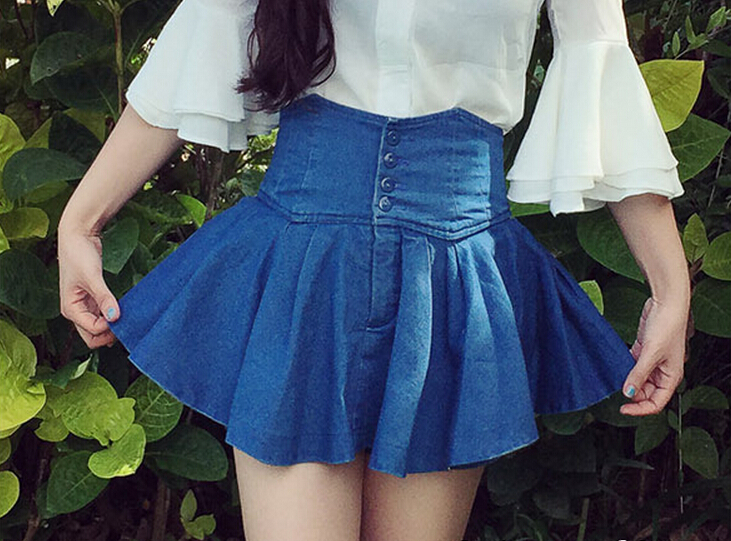Blue High Waisted Button Up InSet Short Mini Denim Skirt