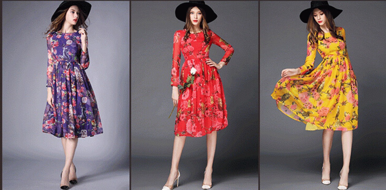 Women Silk Long Dress Pleated Widen Floral Super Star Dresses Dress