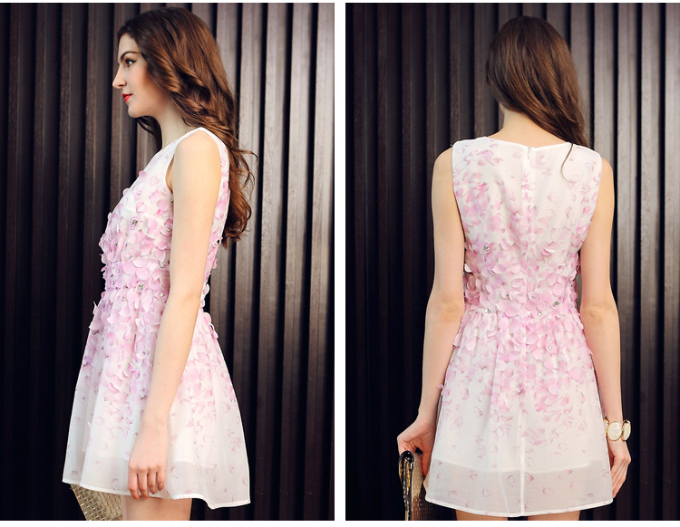 High Quality Three Dimensional Petals Dress Print Chiffon Sleeveless Vest Beading Dresses