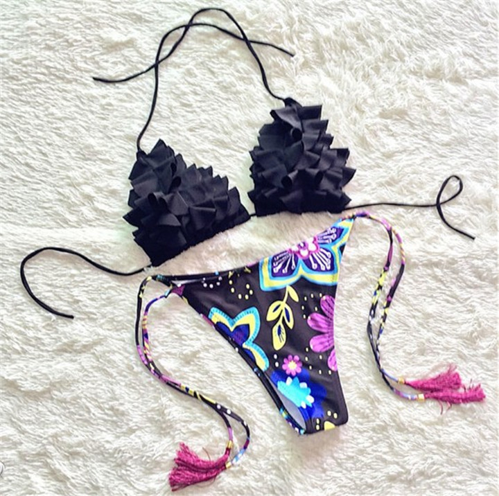 Colored Pattern Women Push Up Bikini Set Padded Bra Triangle Swimsuit Swimwear
