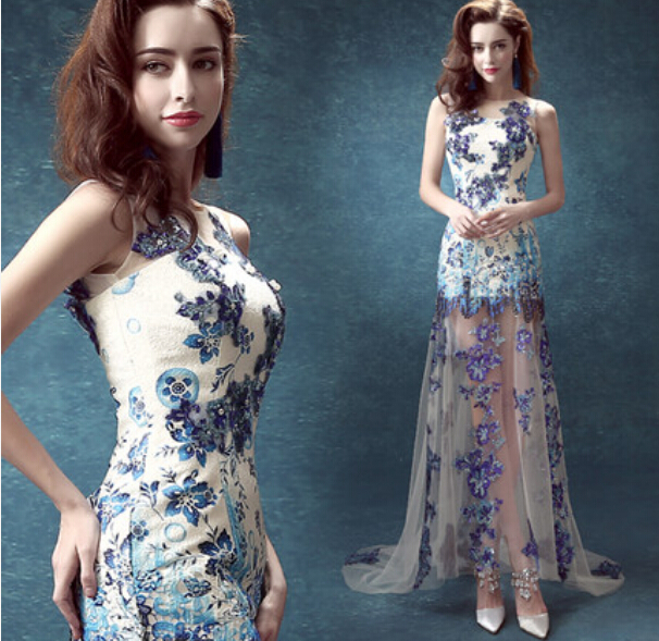 Blue White Elegant Halter Bride Annual Dinner Show Dress Long Wedding Dresses On Luulla