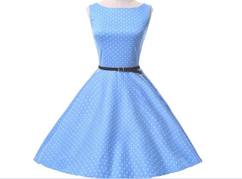 Classical Style 50s High Waist Vintage Polka Dot Sky Blue Sleeveless Dresses