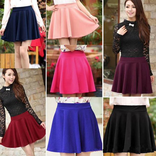 Short Stretch High Waist Skirt Plain Skater Flared Big A Line Pleated Mini Dress