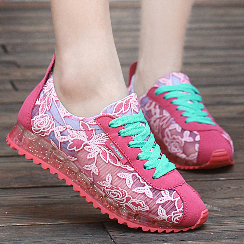 Women Summer Ladies Embroidered Leisure Sport Running Breathable Mesh Flat Shoes