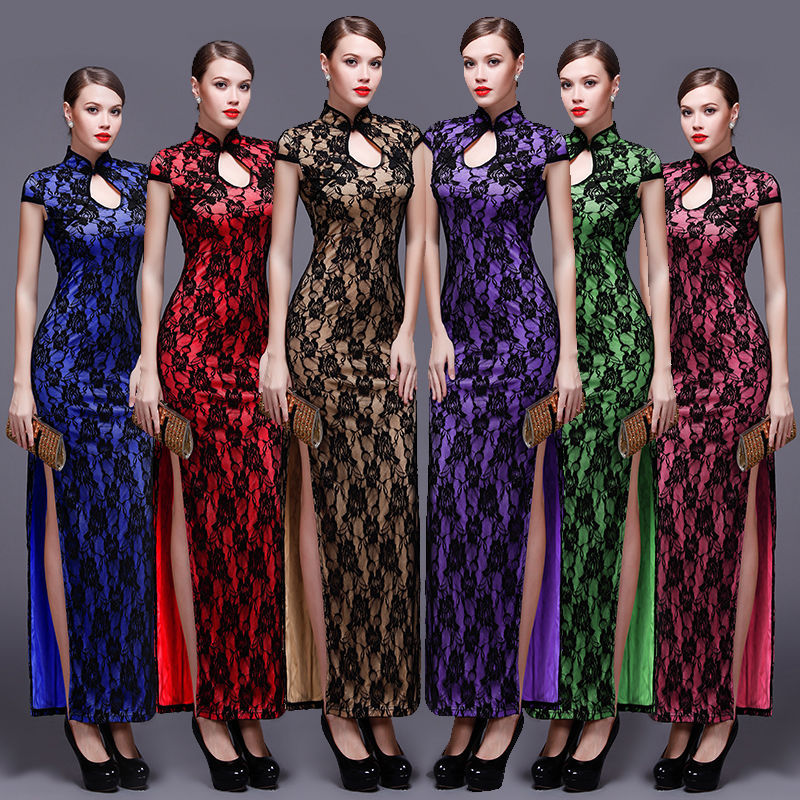 Sexy Chinese Women High Slit Dress Lace Evening Dress Cheongsam Long Dresses