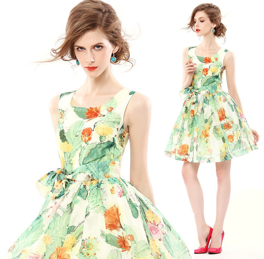 Spring Summer Fashion Organza Floral Printed Printing Sleeveless Dress Dresses