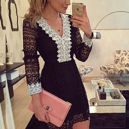 Sexy Women Lace V-neck Long Sleeve Casual Cocktail Evening Party Mini Dress