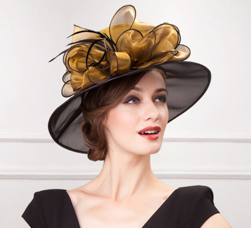 Women lace church dress hats wide brim wedding bow-knot British style hat brown