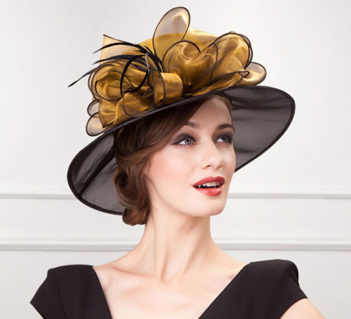 Women Lace Church Dress Hats Wide Brim Wedding Bow-knot British Style Hat Brown