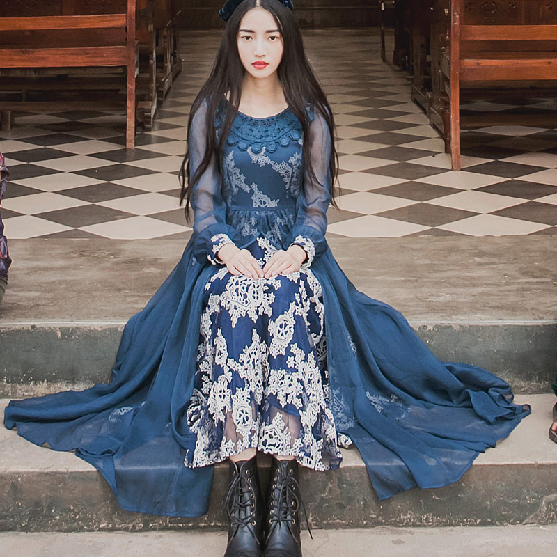 Navy Blue Mesh Long Sleeve Women Classic Retro Lolita Gothic Lace Dress Dresses
